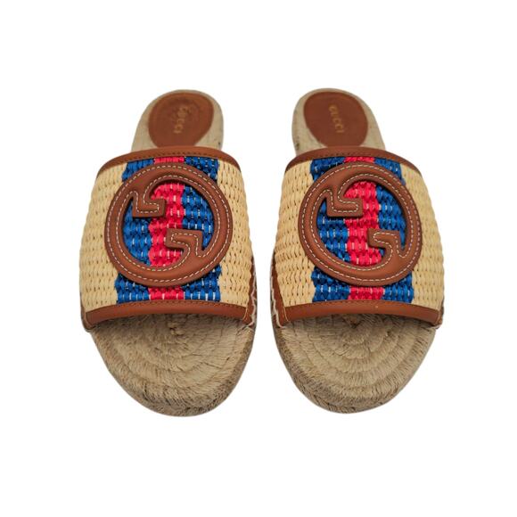 Gucci GG Adela Raffia Espadrille Slide Flat Sandal Size 37 US 7 Beige Brown Red - Picture 3 of 10